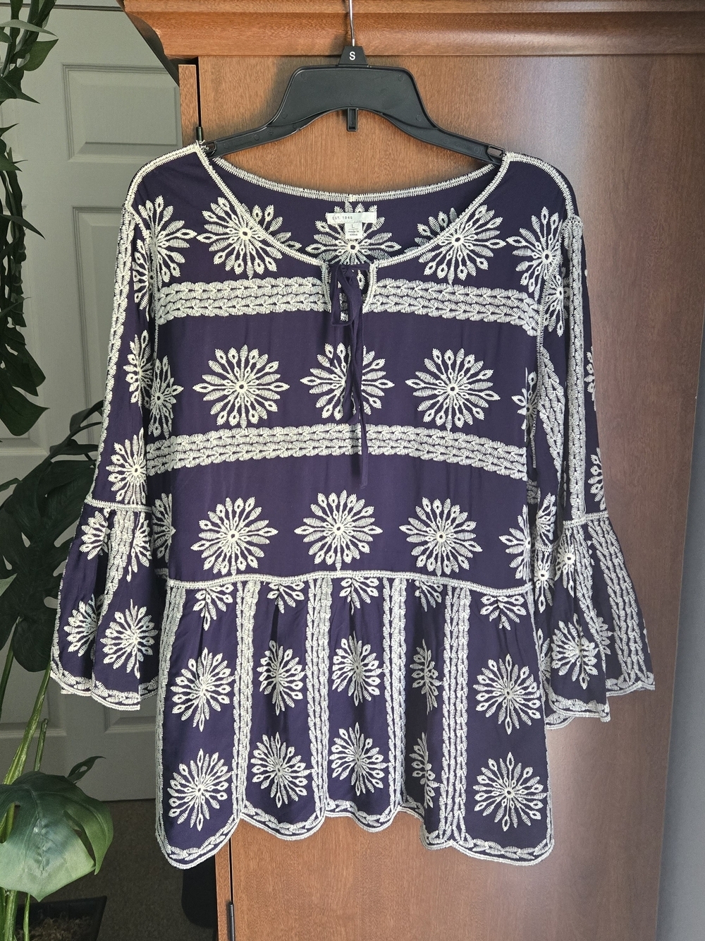 Embroidered Navy Boho Peasant Tunic with Tie Neck